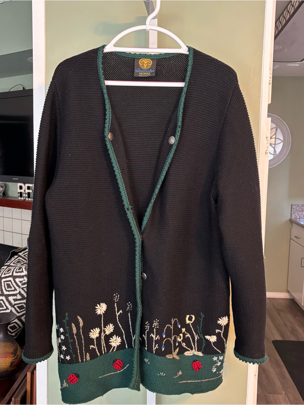 Austria sweater Black Knit Cardigan with Floral Embroidery and Ladybugs. Embroid